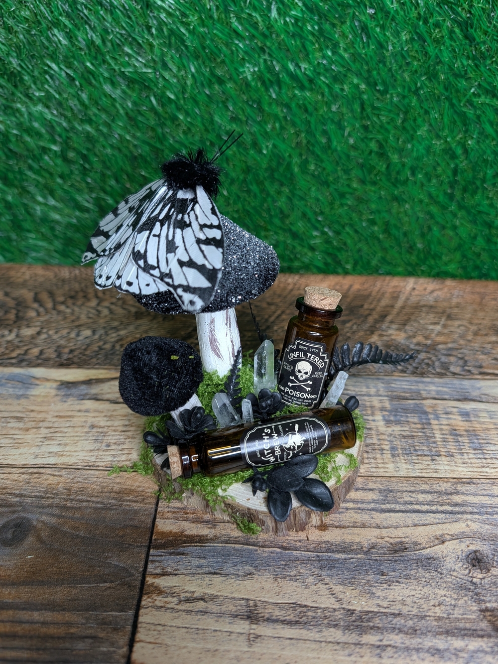 Black & White Gothic Mushroom Table Accent with Bottles